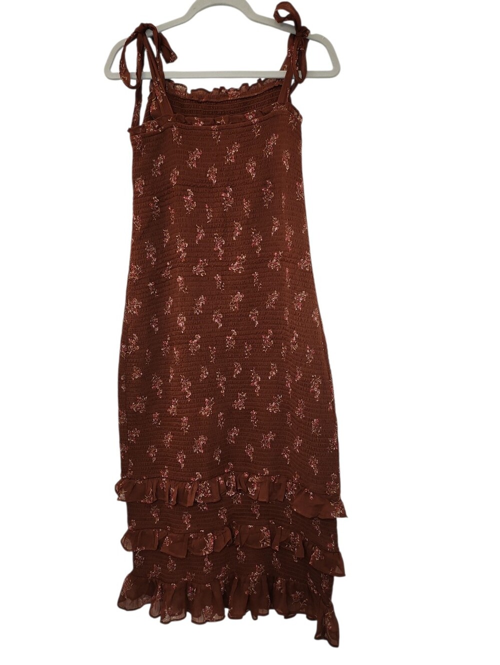 Abercrombie&Fitch Tie-Strap Smocked Mid Dress Chocolate brown floral print Sz XL - Picture 2 of 16